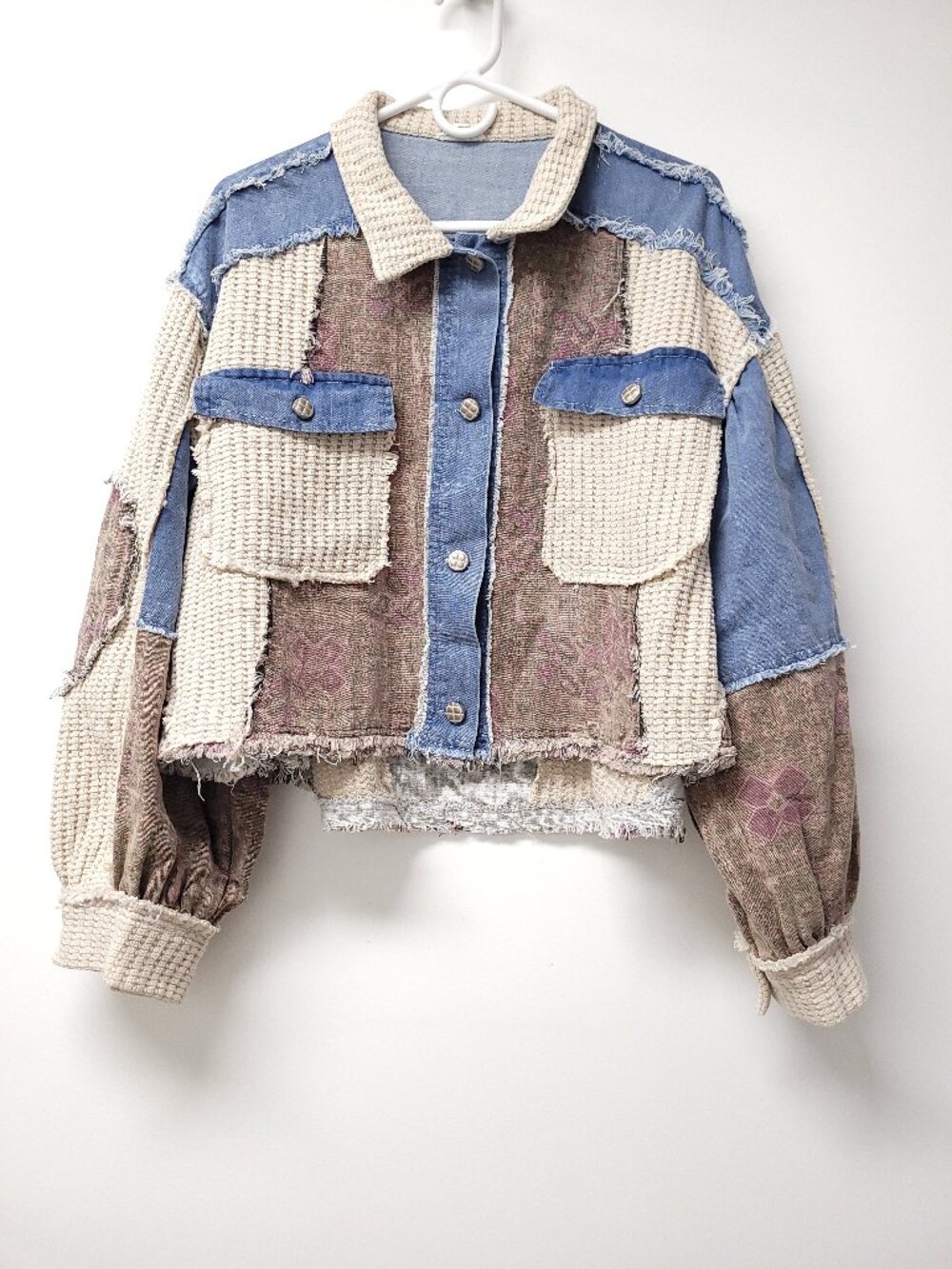 POL Patchwork Long Sleeve Boho Boxy Jacket Size M Frayed Edges